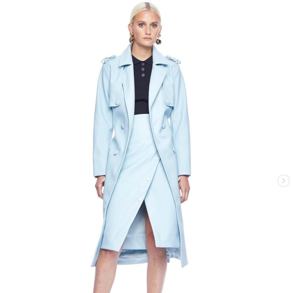 Hilary MacMillan Baby Blue Faux Leather Trench Coat 2X NWT